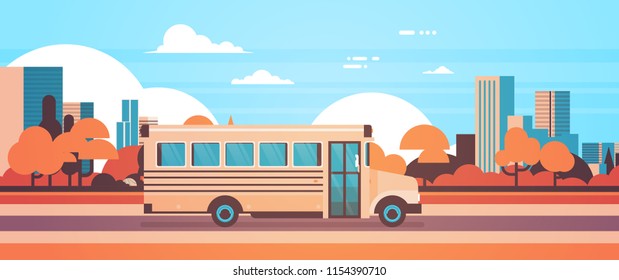 yellow bus back to school pupils transport concept on autumn cityscape background flat banner vector illustration