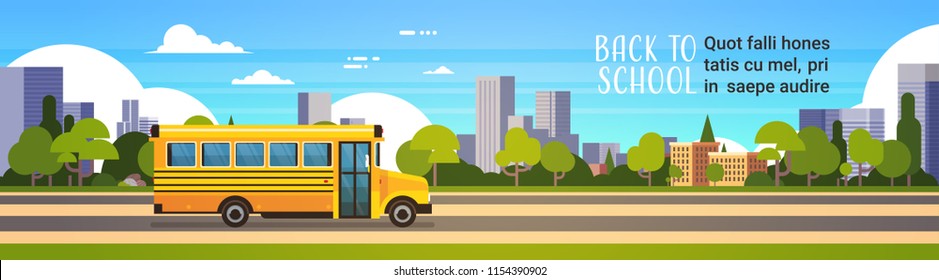 yellow bus back to school pupils transport concept on cityscape background flat copy space banner vector illustration