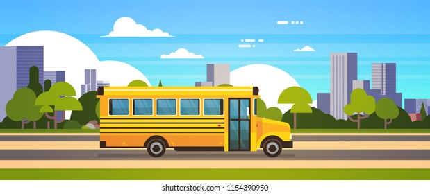 yellow bus back to school pupils transport concept on cityscape background flat banner vector illustration