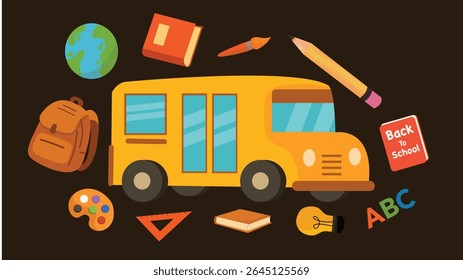 Yellow bus with backpack books globe and pencil on dark layout for educational purpose