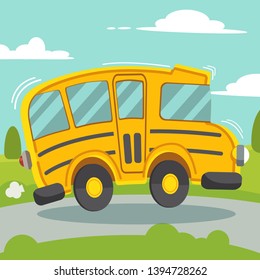 The yellow bus be driving on the road. schoolbus on side view in flat vector style