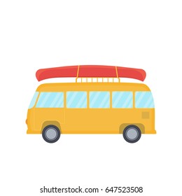 Yellow bus for camping and travel with canoe on top, vector illustration in style of flat design