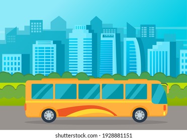 Yellow bus drive on a road against the background of tall buildings of the city landscape. Panorama urban road summertime flat vector illustration. Road trips and freight, automobile transport