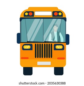 Un autobús amarillo con chofer. El vehículo. Ilustración vectorial.