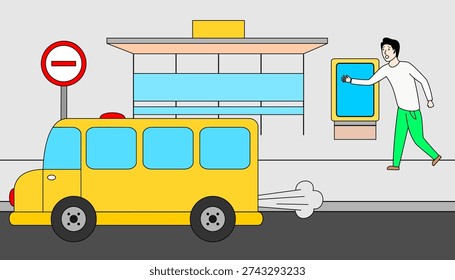 Yellow bus is driving down the street. A man is walking in front of the bus. The bus is going to stop at a bus stop