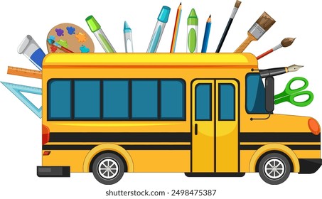 Yellow bus filled with various school supplies