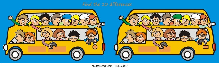 yellow bus, find 10 differences , board game, vector illustration