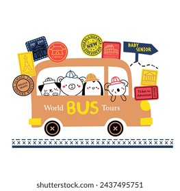Un autobús amarillo con cinco personajes de dibujos animados dentro.