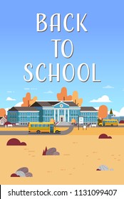 yellow bus in front of school building autumn exterior pupils transport concept 1 september flat vertical vector illustration