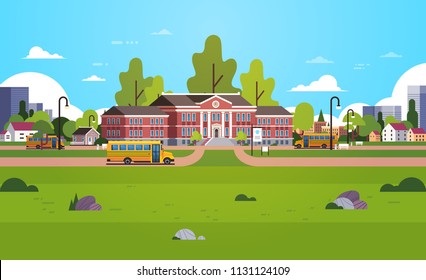 yellow bus in front of school building yard pupils transport concept 1 september cityscape background horizontal flat vector illustration