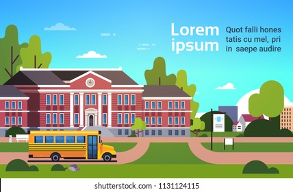 yellow bus in front of school building pupils transport concept 1 september cityscape background flat horizontal copy space vector illustration