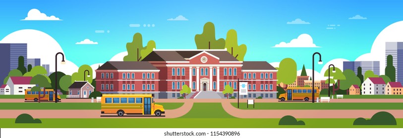 yellow bus in front of school building yard pupils transport concept 1 september cityscape background banner flat vector illustration