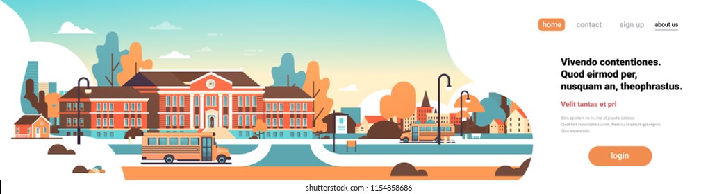yellow bus in front of school building yard pupils transport concept 1 september cityscape background banner flat vector illustration