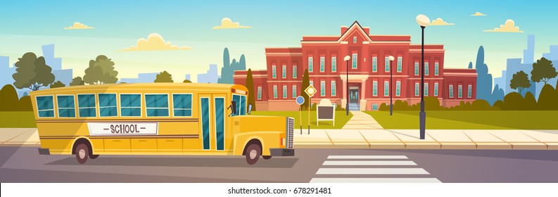 Yellow Bus In Front Of School Building Pupils Transport Flat Vector Illustration