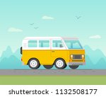 Yellow bus goes on the highway in the desert. Mountains, road and clouds landscape flat vector illustration