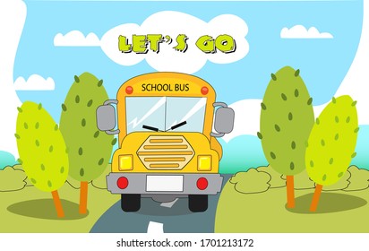 yellow bus with lets go word ,cartoon background blue sky with trees in kids environment for kids game, - Shutterstock ID 1701213172