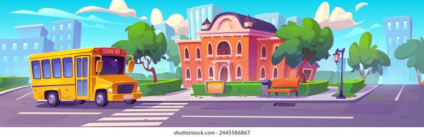 Yellow bus near school building. Vector cartoon illustration of vehicle for students parked on road next to zebra crossing, cityscape background with skyscraper silhouettes, green yard, blue sunny sky