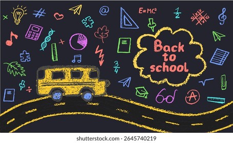 A yellow bus on a curved road. Back to School items sign with squiggle title and kindergarten items for kids in grunge design. Colorful vector illustration in wax pastel and charcoal scribble style