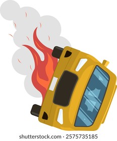 Yellow bus on fire emitting smoke after dangerous road accident, representing consequences of reckless driving and importance of road safety