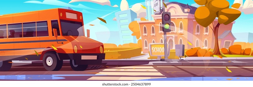 Yellow bus on road near school building. Vector cartoon illustration of autumn city with golden foliage on trees and bushes in schoolyard, green traffic light on street crossing, kids transportation