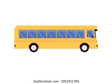 Yellow bus for passengers transportation side view, flat vector illustration isolated on white background. Simple cartoon icon of city or tourist traveling bus.