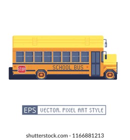 Yellow bus pixel art style icon. 8-bit. School bus Isolated  abstract vector illustration.