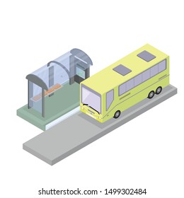 A yellow bus pulls up to a stop. Glass stop with a screen on which routes and time are written. Isometric style. Vector illustration.