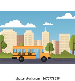 Yellow Bus Riding Back To School 1 September Flat Vector Illustration. Modern city on background. Eps10