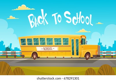 Yellow Bus Riding Back To School 1 September Flat Vector Illustration