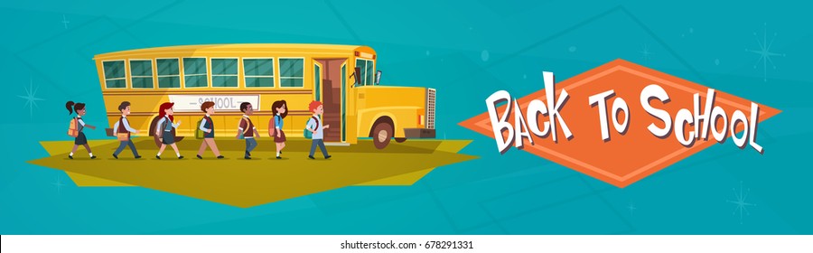 Yellow Bus Riding Back To School 1 September Flat Vector Illustration