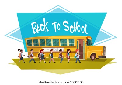 Yellow Bus Riding Back To School 1 September Flat Vector Illustration