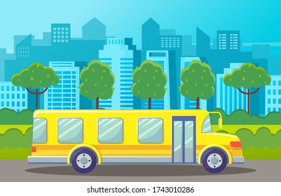 Yellow bus at road at city background with silhouettes of urban buildings, architecture. Urban transport. Green trees and bushes at sidewalk. Bus for tourists or school bus. Vehicle, transportation