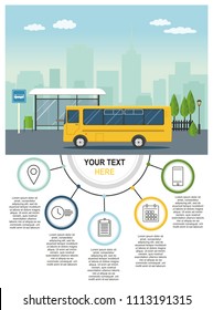 Yellow Bus at the bus stop on background of city, Transport infographic. Vector Illuatration