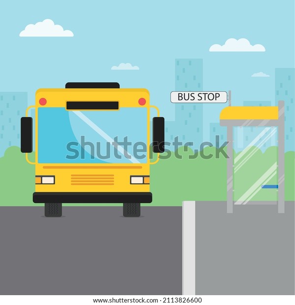 The yellow bus is at the bus stop. Public\
transport concept.