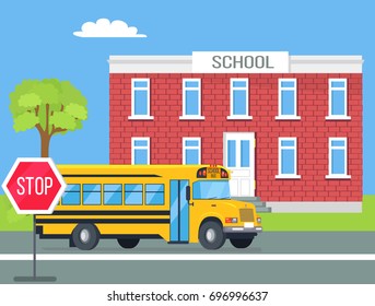 Yellow Bus Used For Transporting Students Standing On Left Side Of Road Between Stop Traffic Sign And Two Storey Brick School Cartoon Style Illustration