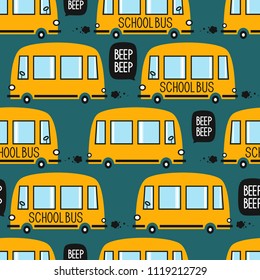 Yellow buses, hand drawn backdrop. Colorful seamless pattern with transport. Decorative cute wallpaper, good for printing. Overlapping colored background vector