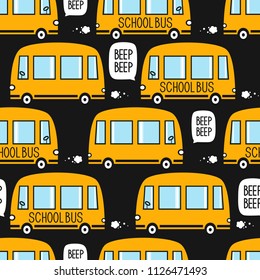 Yellow buses, hand drawn backdrop. Colorful seamless pattern with transport. Decorative cute wallpaper, good for printing. Overlapping colored background vector