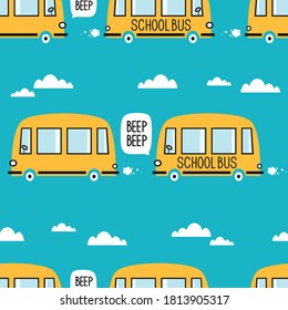 Yellow buses, hand drawn backdrop. Colorful seamless pattern with transport. Decorative cute wallpaper, good for printing. Overlapping colored background vector