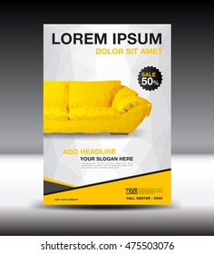Yellow business brochure flyer design layout template in A4 size, furniture magazine ads, poster, leaflet, cover design, book, advertisement, presentation