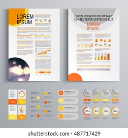 Yellow business brochure template design with red and orange round elements. Cover layout and infographics