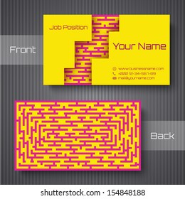 Yellow business card template with violet maze. Vector illustration