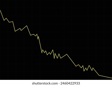 el gráfico de negocios amarillo que baja con el color negro y la cuadrícula en el fondo representa la pérdida comercial y la caída del negocio