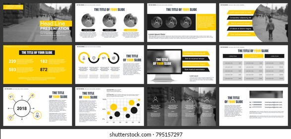 Yellow business presentation slides templates from infographic elements. Can be used for presentation, flyer and leaflet, brochure, corporate report, marketing, advertising, annual report, banner.