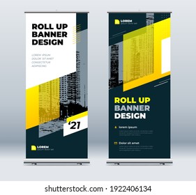 Yellow Business Roll Up Banner. Abstract Roll up background for Presentation. Vertical roll up, x-stand, exhibition display, Retractable banner stand or flag design layout for conference, forum.