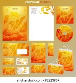Yellow Business style template with bright floral pattern. This orange backgrounds useful for presentation, business card, envelope, bags, flyers, cd cover documents. Vector design layout with flowers