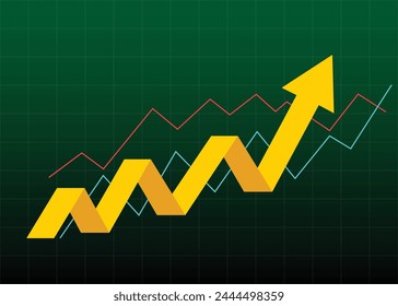 yellow bussiness arrow and graph stock market arrow growing pointing up on economic chart icon trending upwards financial board rises