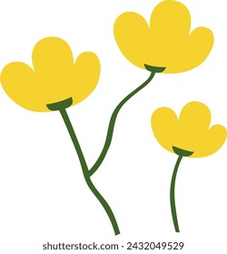 Yellow Buttercup flower. Hand drawn. Spring and summer. Flat Vector element illustration with transparent background. Flower Banner, Poster.