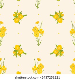 Yellow Buttercups flowers seamless pattern. Liberty style Floral simple spring garden background for fashion prints, fabric, wrapping paper, wallpaper, textile, cover