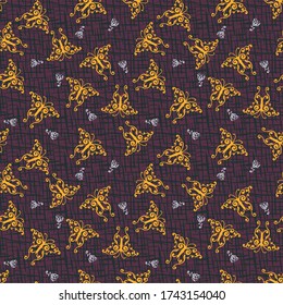 Yellow butterflies on a dark background seamless vector pattern. Ornamental surface print design for fabrics, textiles, stationery, and packaging.