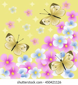 Yellow butterflies on a flower background